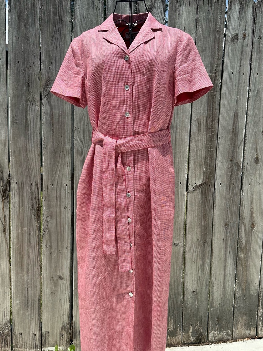 Talbots Red Linen Houndstooth Button-Front Maxi Shirt Dress with Waist Tie